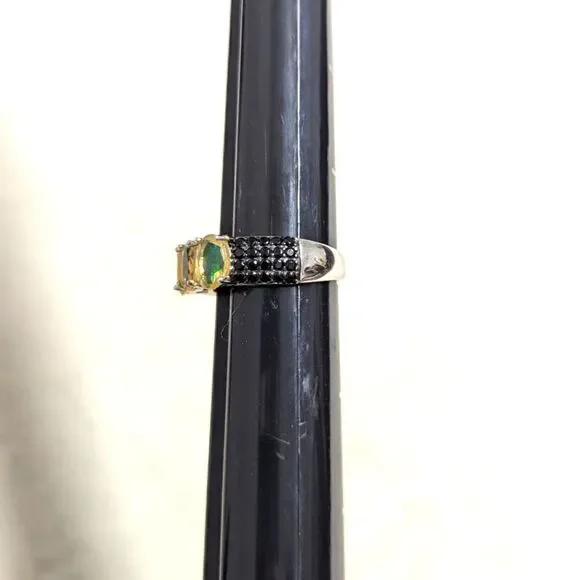 NWOT - Oval Ethiopian Opals w/ Black Spinel Rounds Rhodium Sterling Silver Ring - Picture 14 of 15